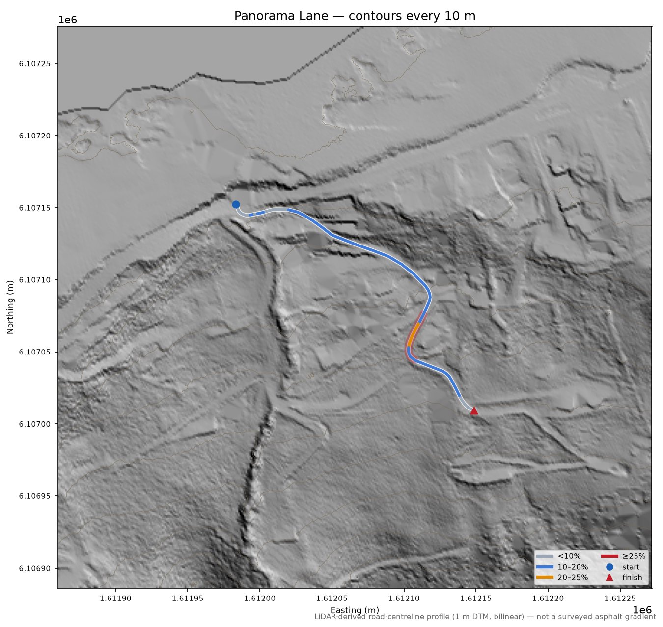 Panorama Lane LiDAR hillshade map with contours