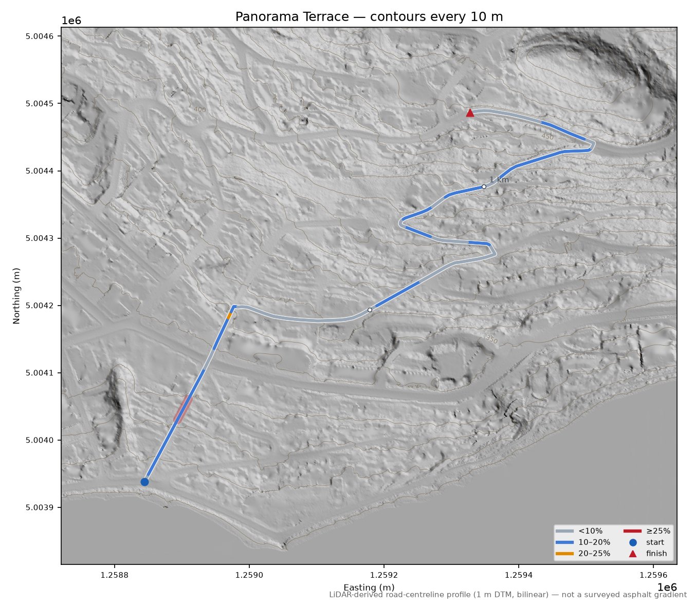 Panorama Terrace LiDAR hillshade map with contours