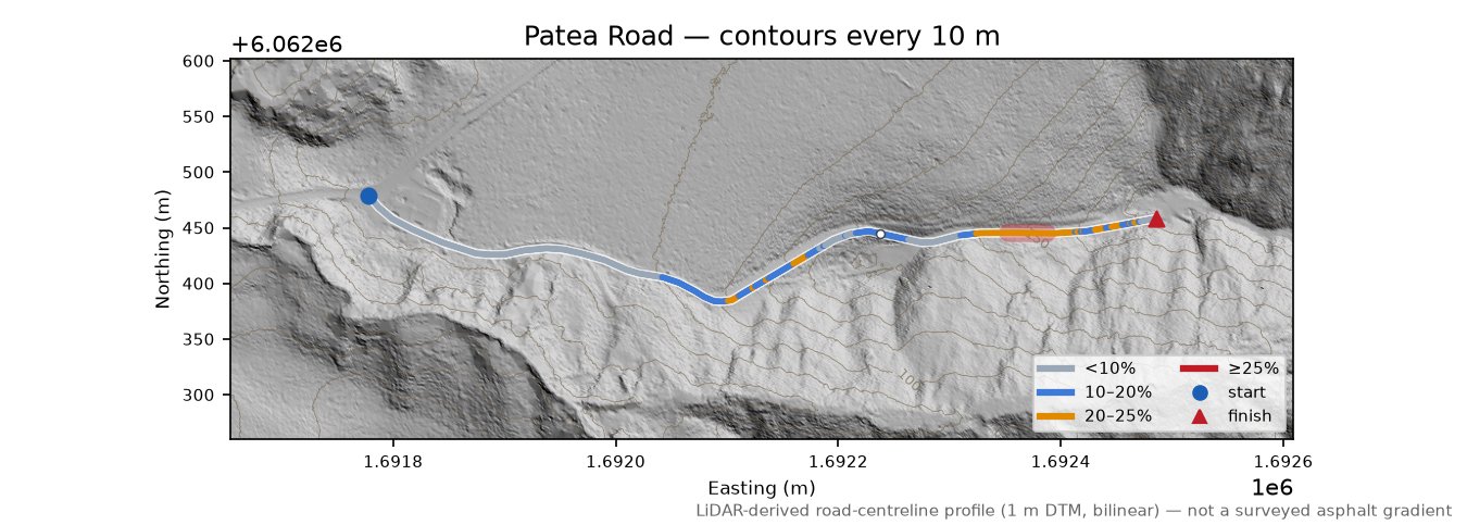 Patea Road LiDAR hillshade map with contours