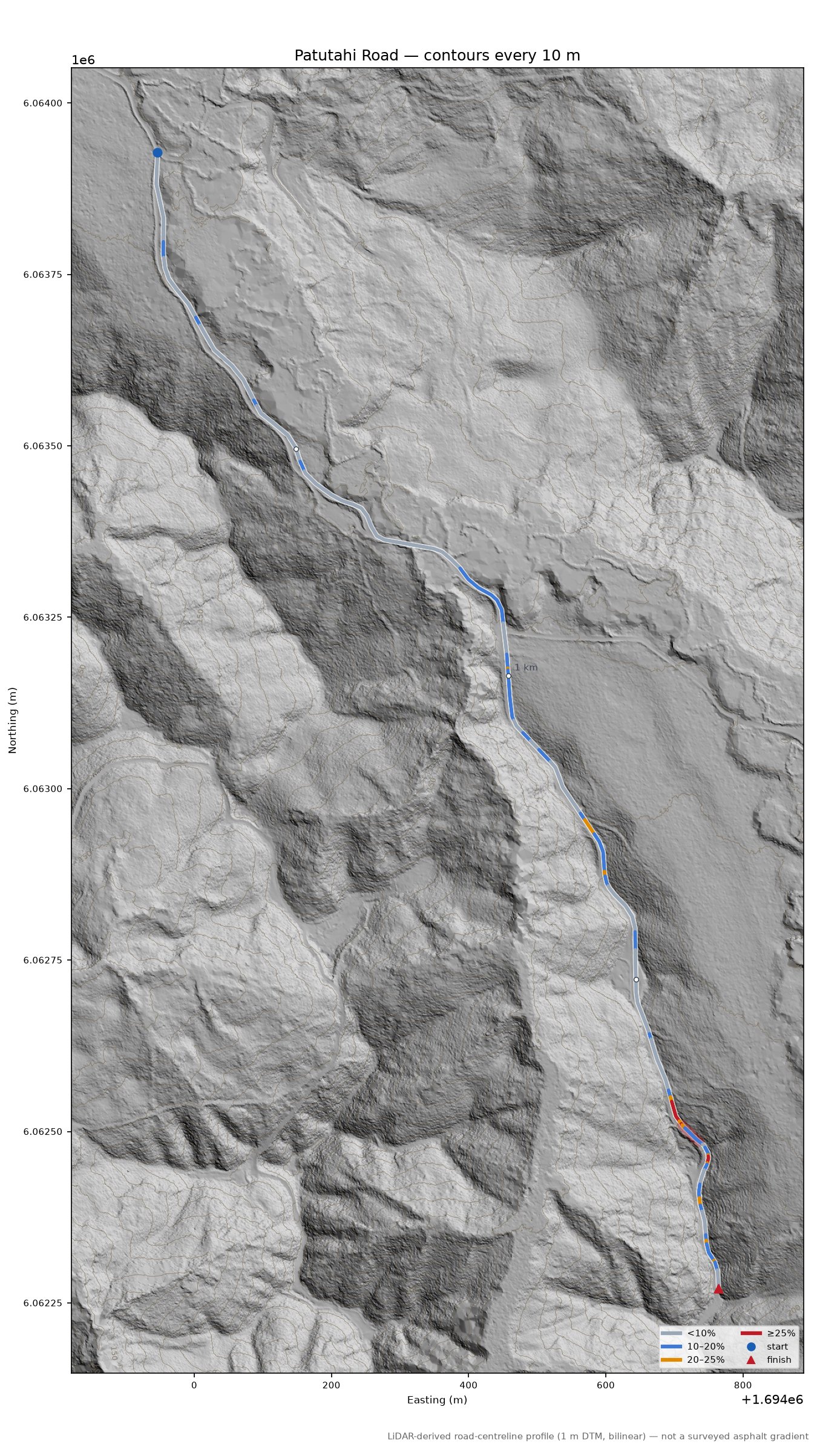 Patutahi Road LiDAR hillshade map with contours
