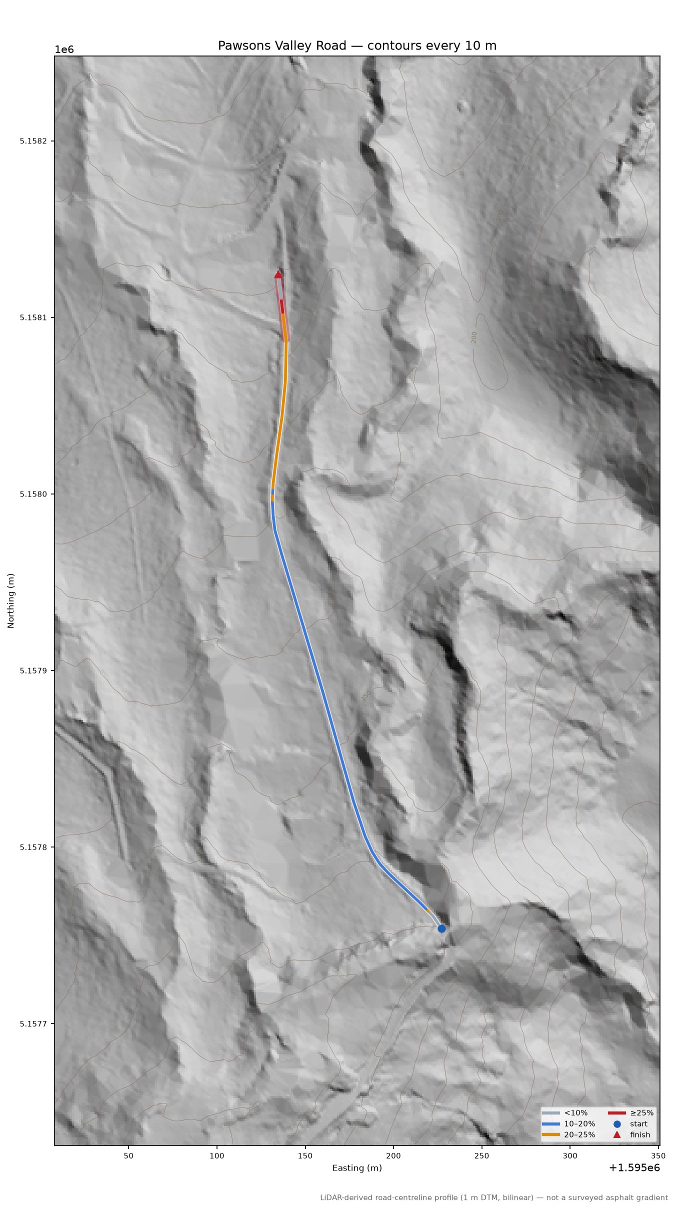 Pawsons Valley Road LiDAR hillshade map with contours