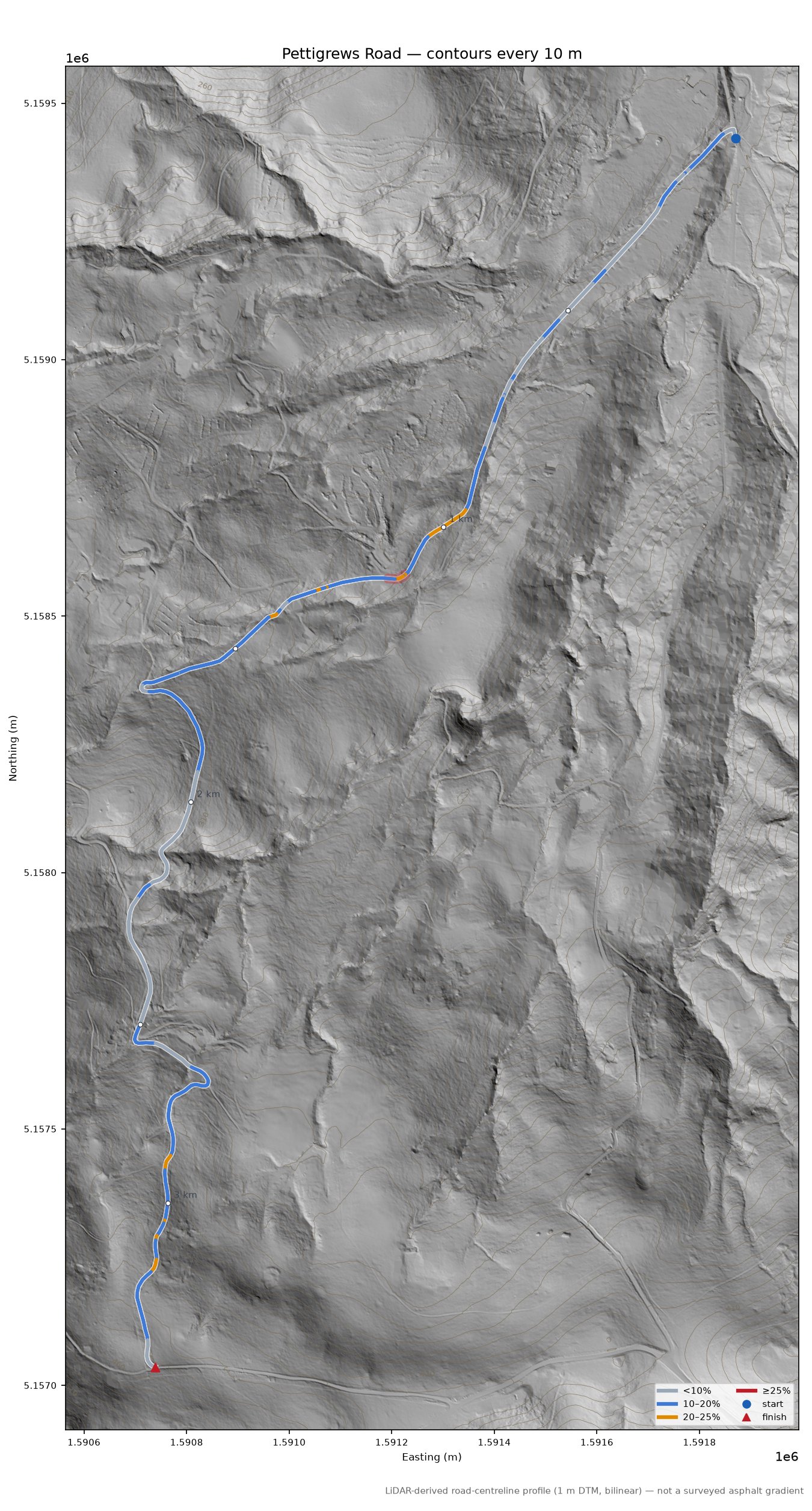 Pettigrews Road LiDAR hillshade map with contours