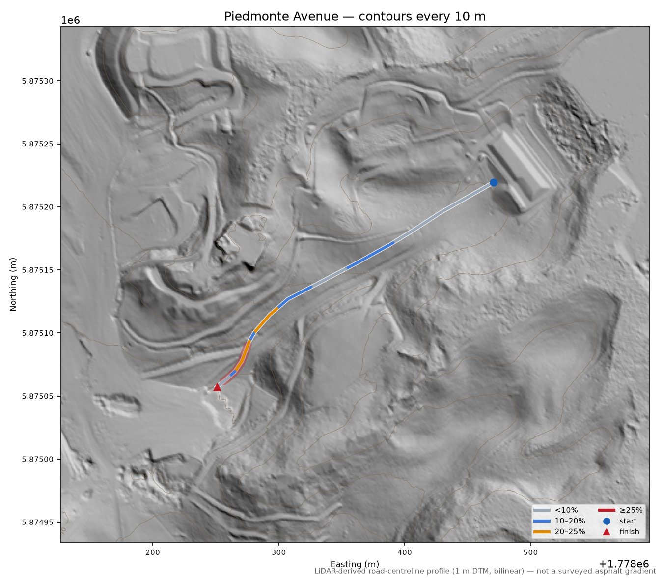 Piedmonte Avenue LiDAR hillshade map with contours