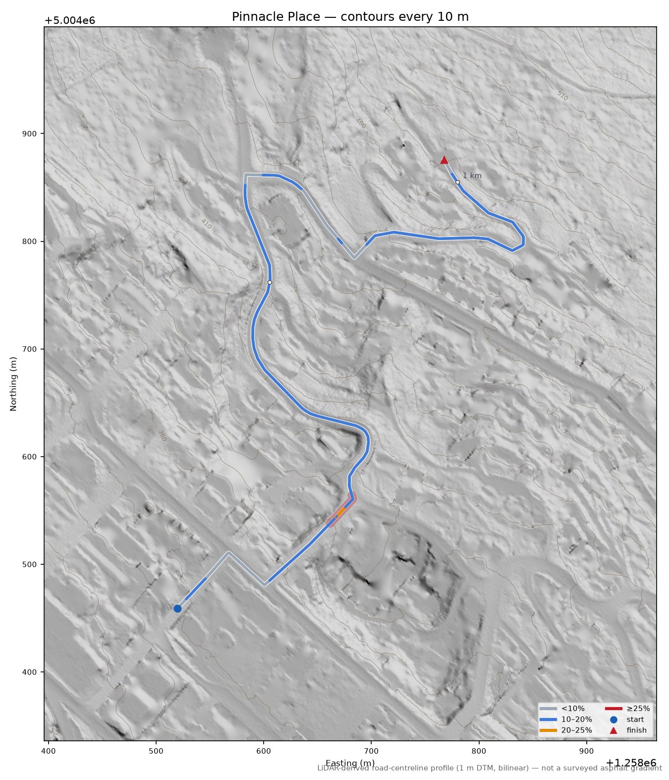 Pinnacle Place LiDAR hillshade map with contours