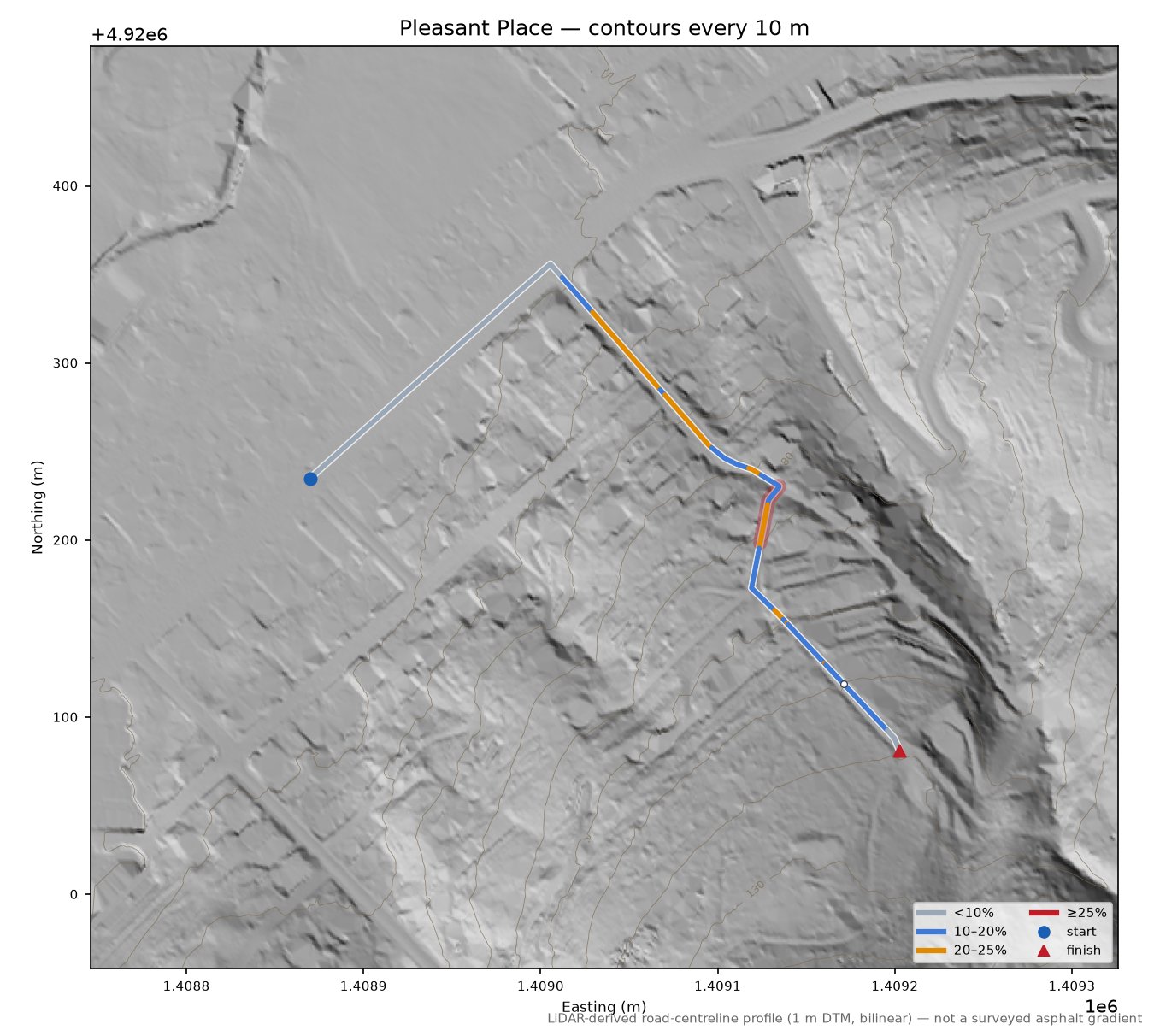 Pleasant Place LiDAR hillshade map with contours