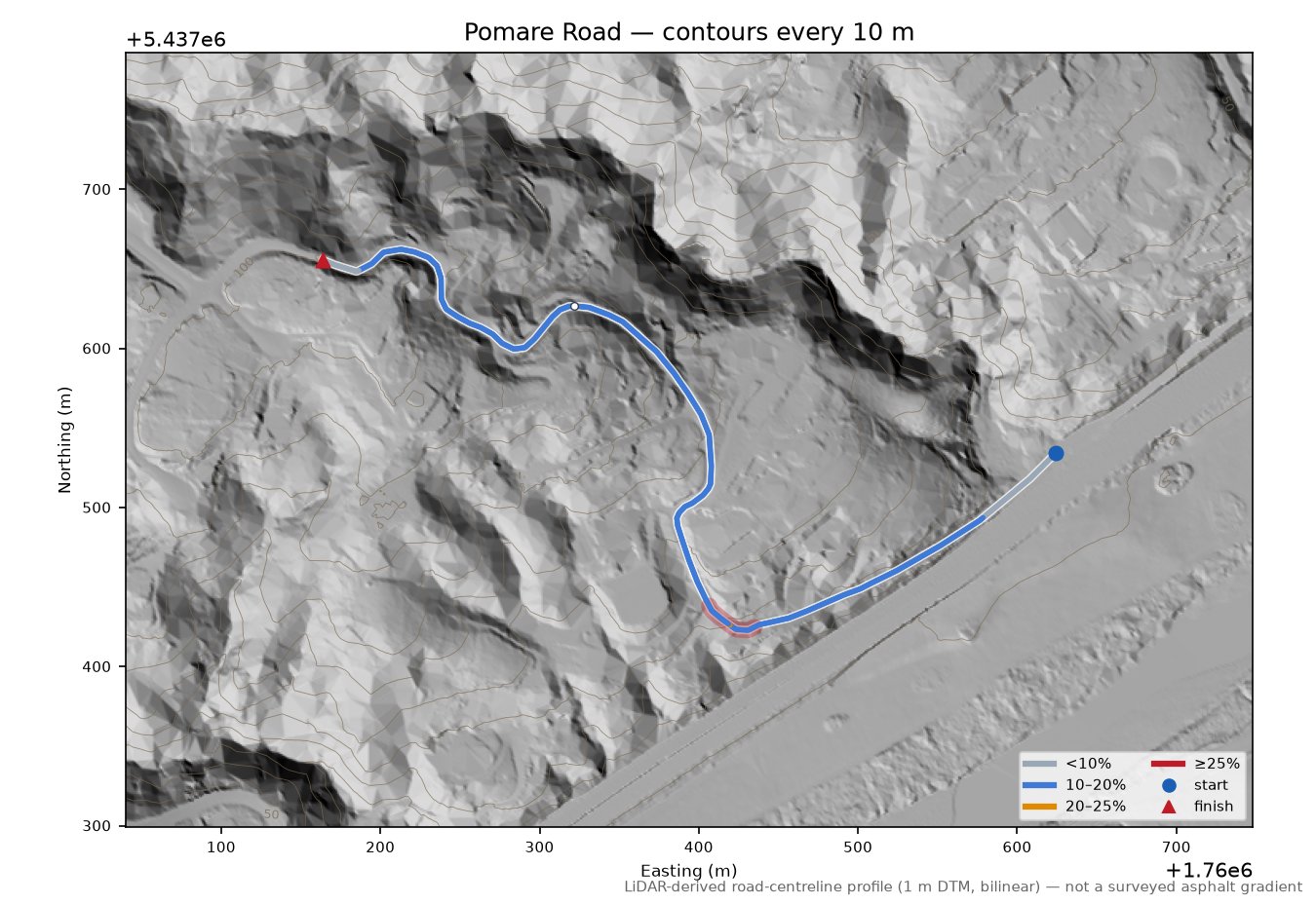 Pomare Road LiDAR hillshade map with contours