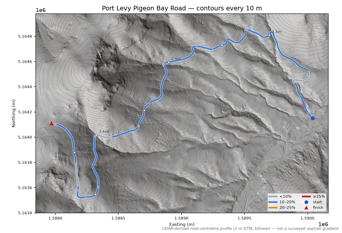 Port Levy Pigeon Bay Road LiDAR hillshade map with contours