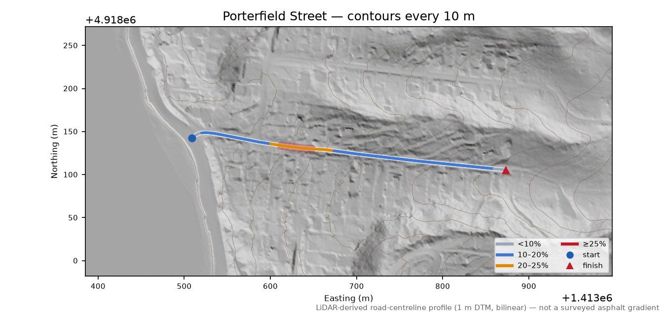 Porterfield Street LiDAR hillshade map with contours