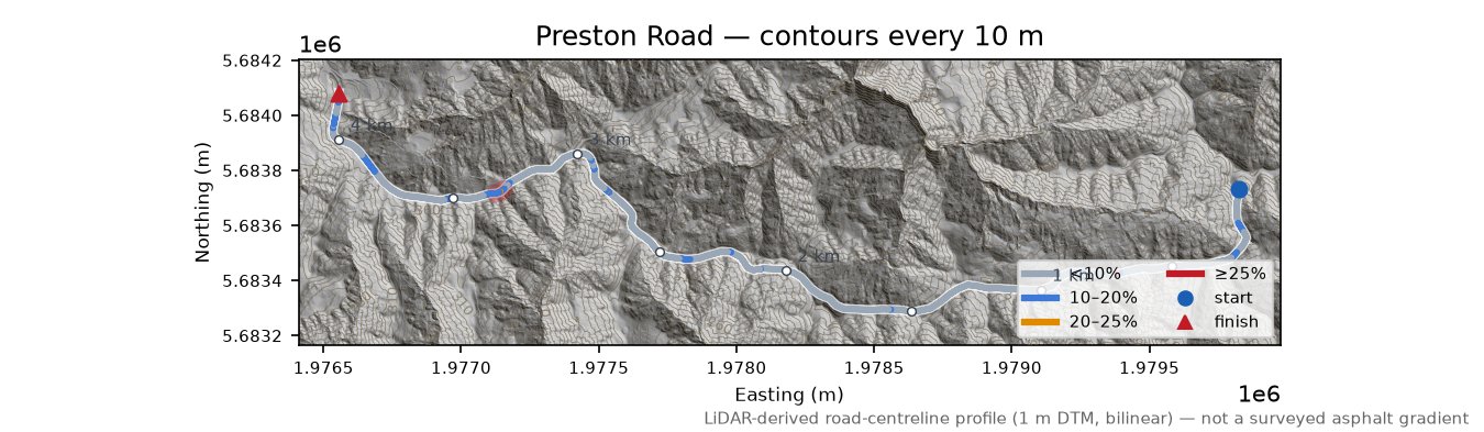 Preston Road LiDAR hillshade map with contours