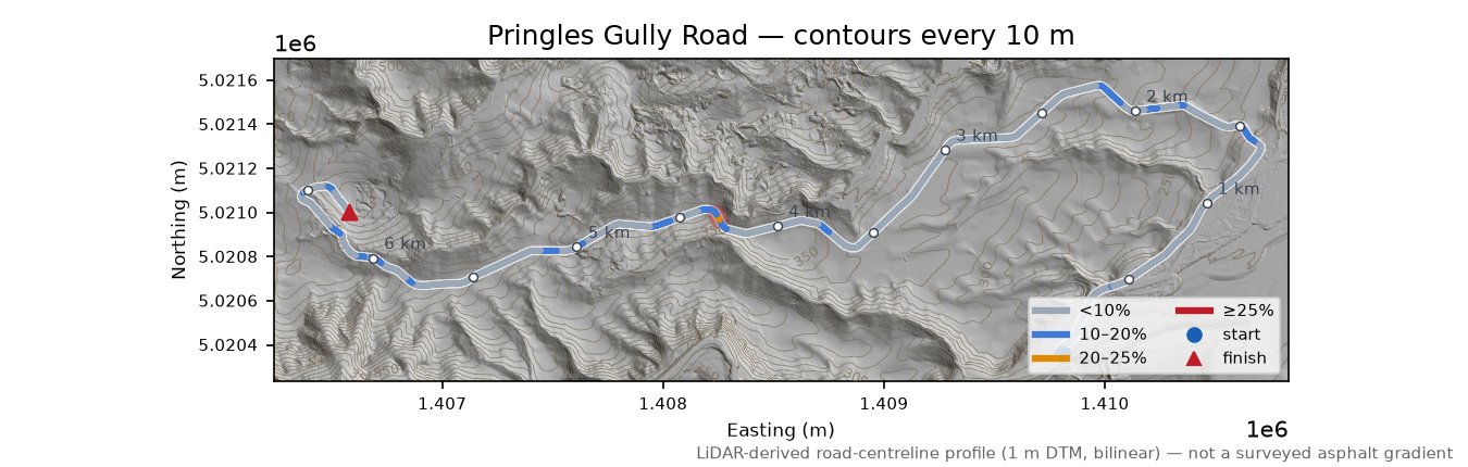 Pringles Gully Road LiDAR hillshade map with contours