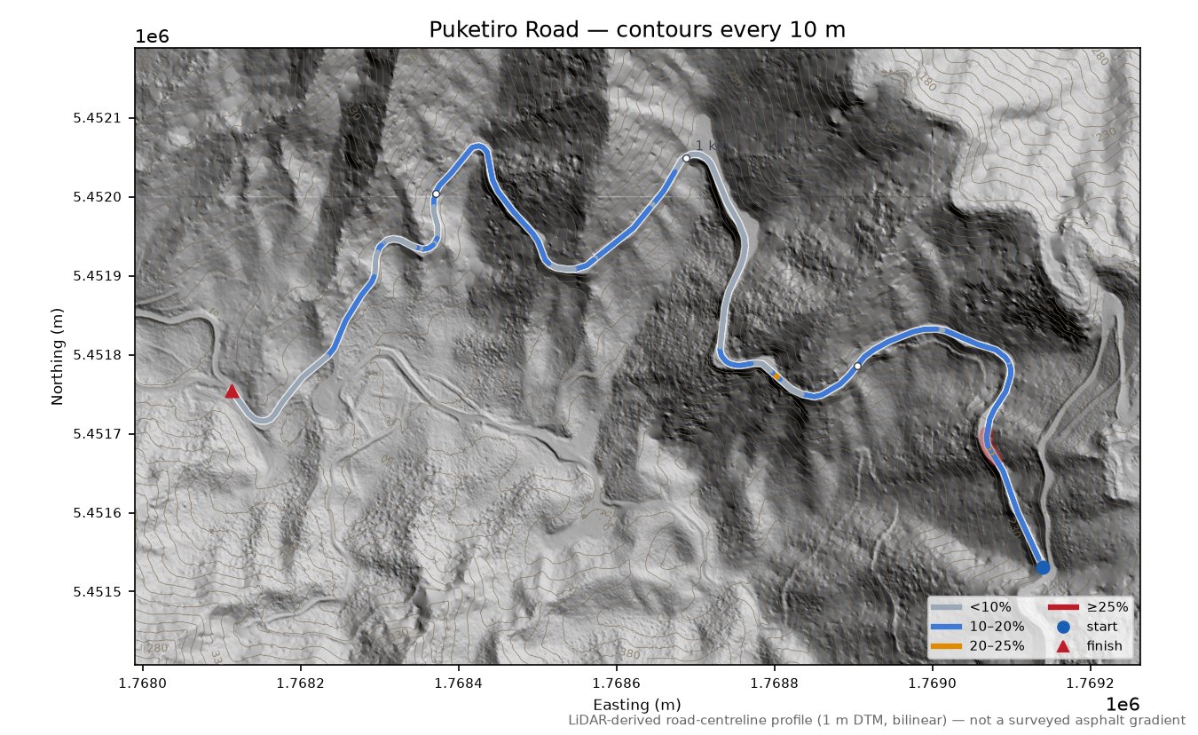 Puketiro Road LiDAR hillshade map with contours