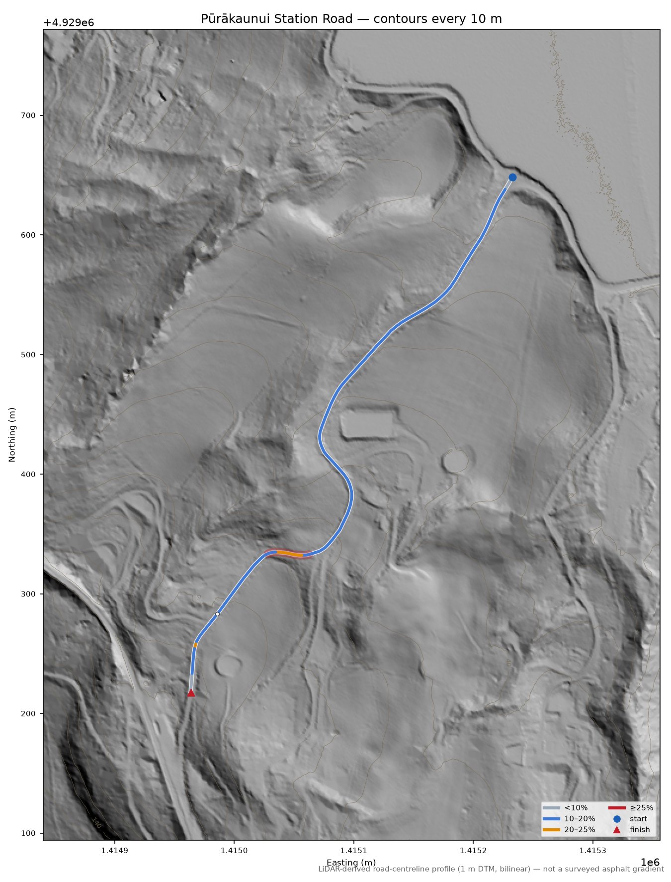Pūrākaunui Station Road LiDAR hillshade map with contours
