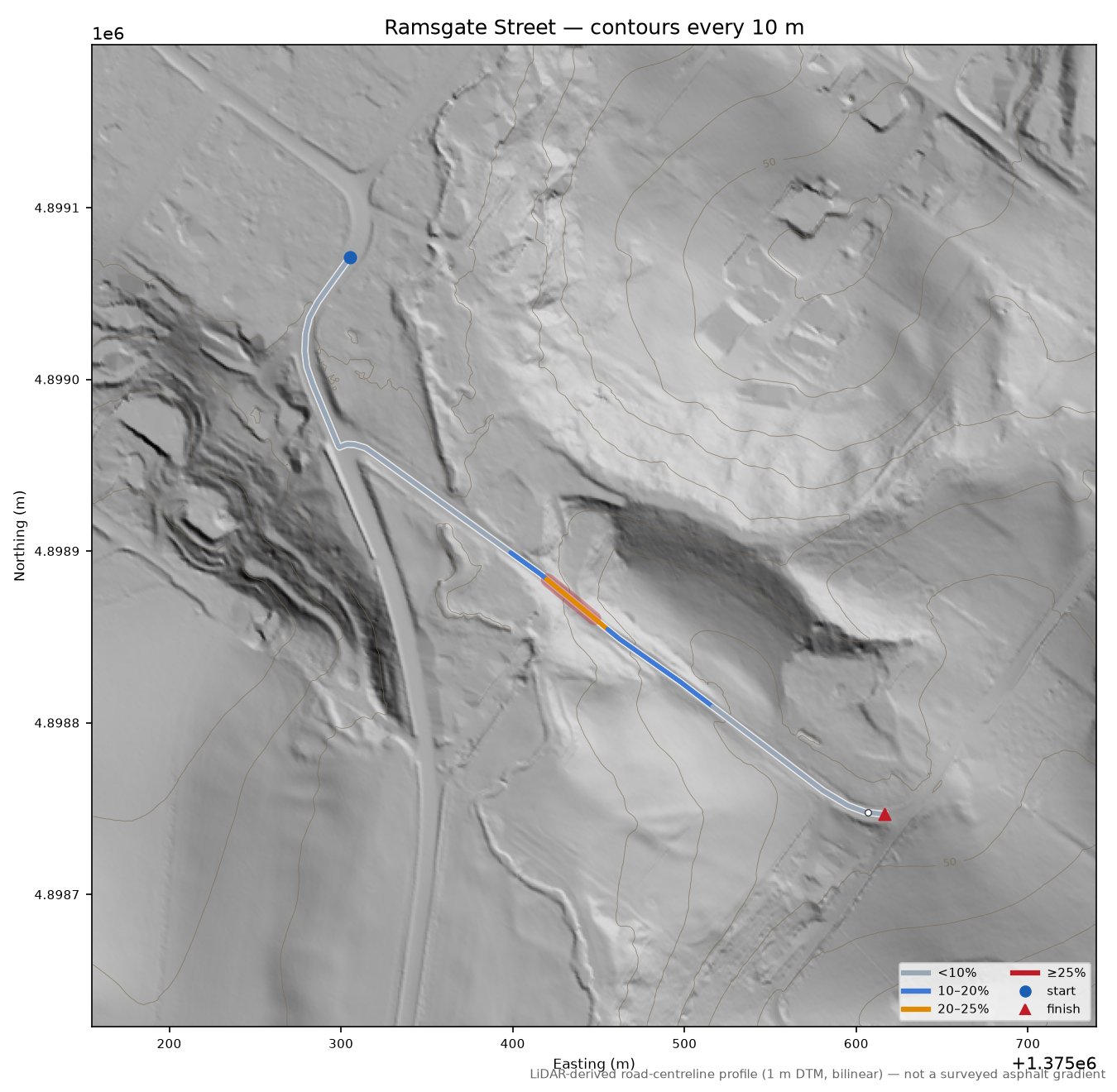 Ramsgate Street LiDAR hillshade map with contours