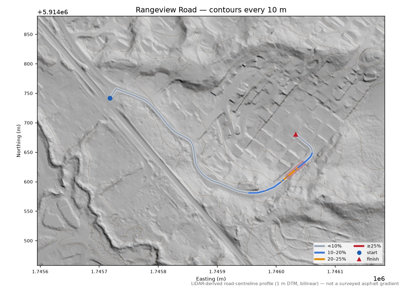 Rangeview Road LiDAR hillshade map with contours