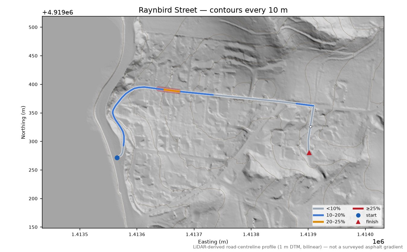 Raynbird Street LiDAR hillshade map with contours