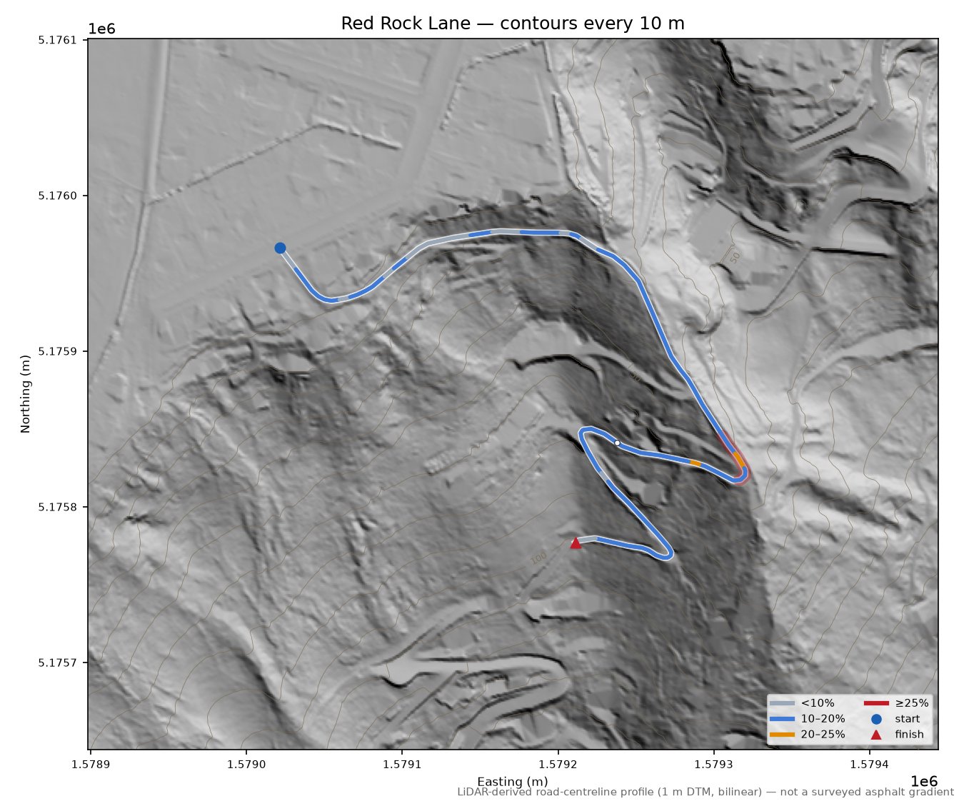Red Rock Lane LiDAR hillshade map with contours