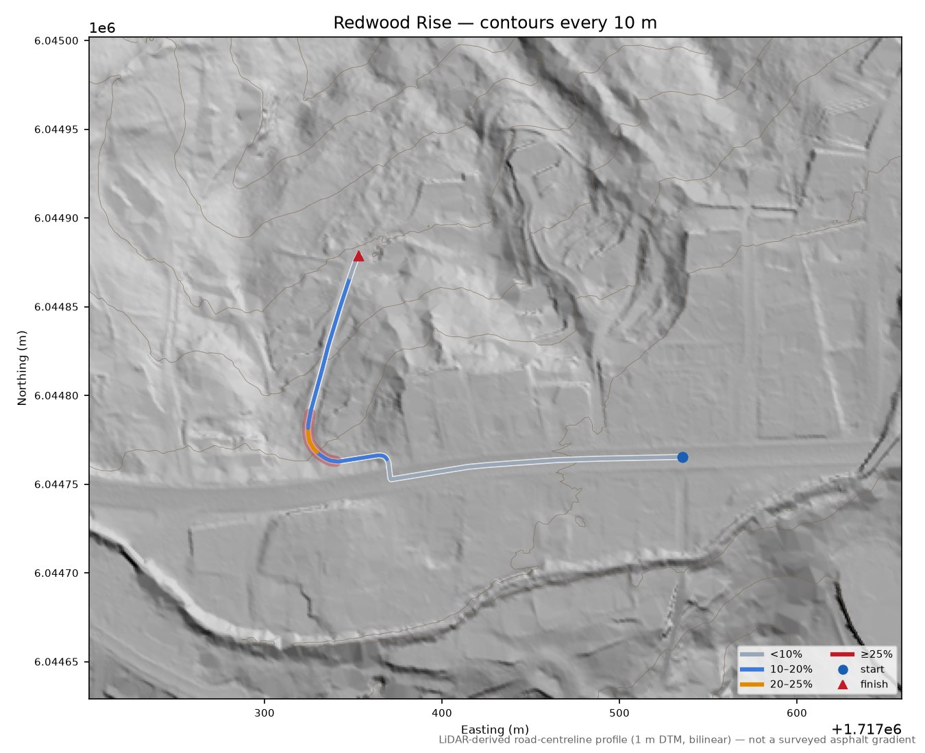 Redwood Rise LiDAR hillshade map with contours
