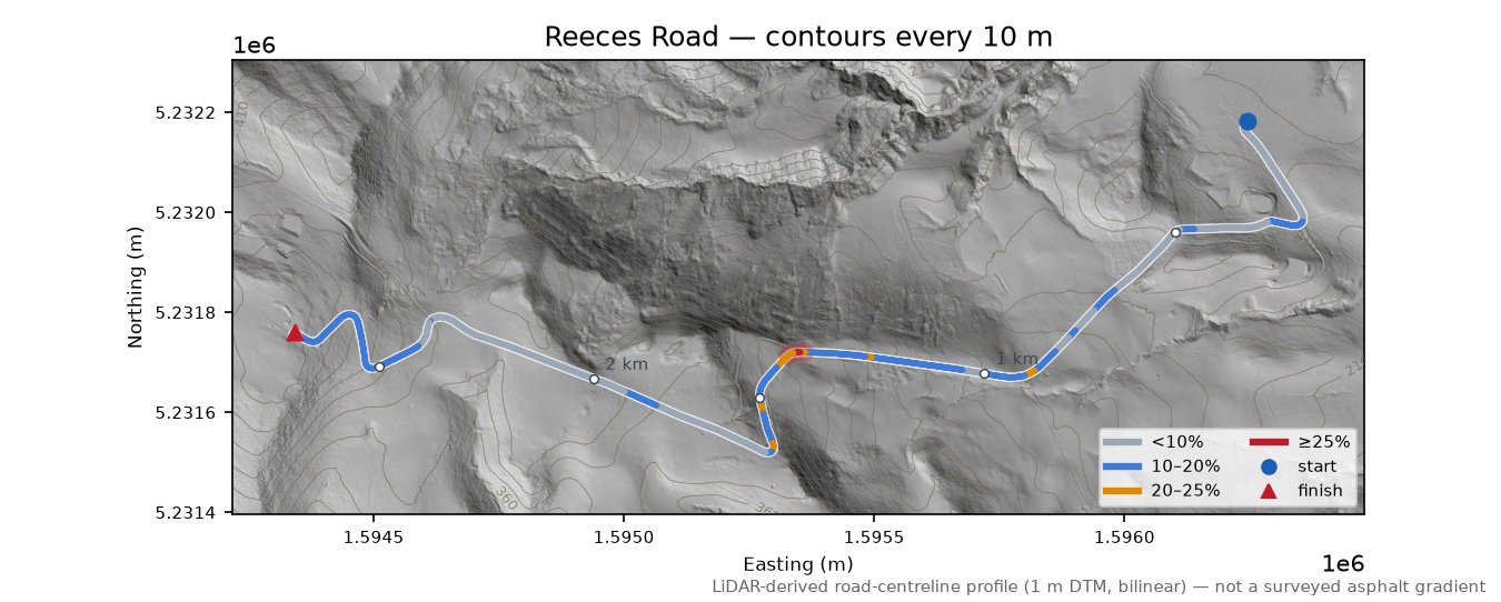 Reeces Road LiDAR hillshade map with contours