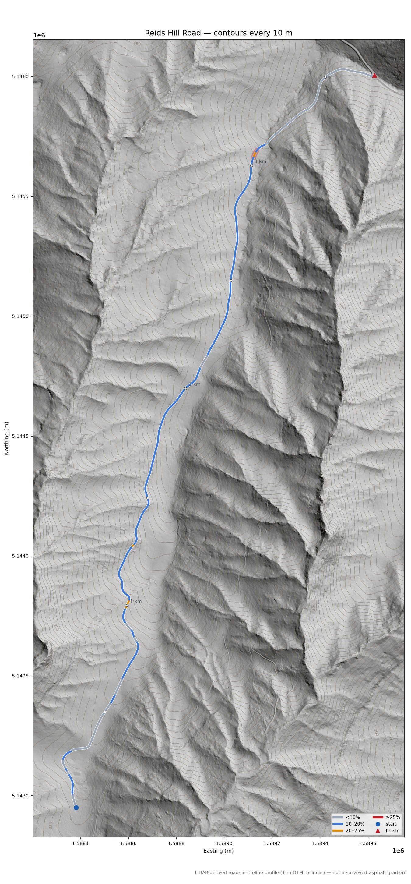 Reids Hill Road LiDAR hillshade map with contours