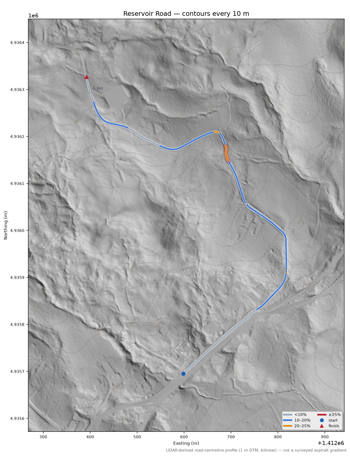 Reservoir Road LiDAR hillshade map with contours