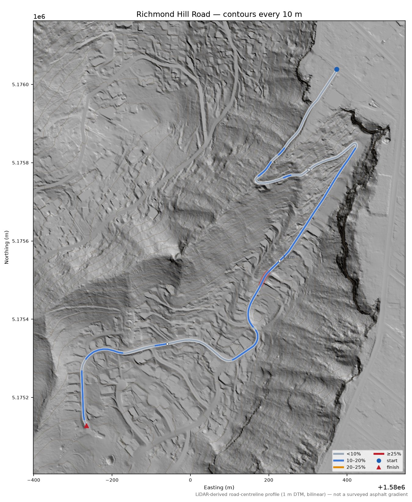 Richmond Hill Road LiDAR hillshade map with contours