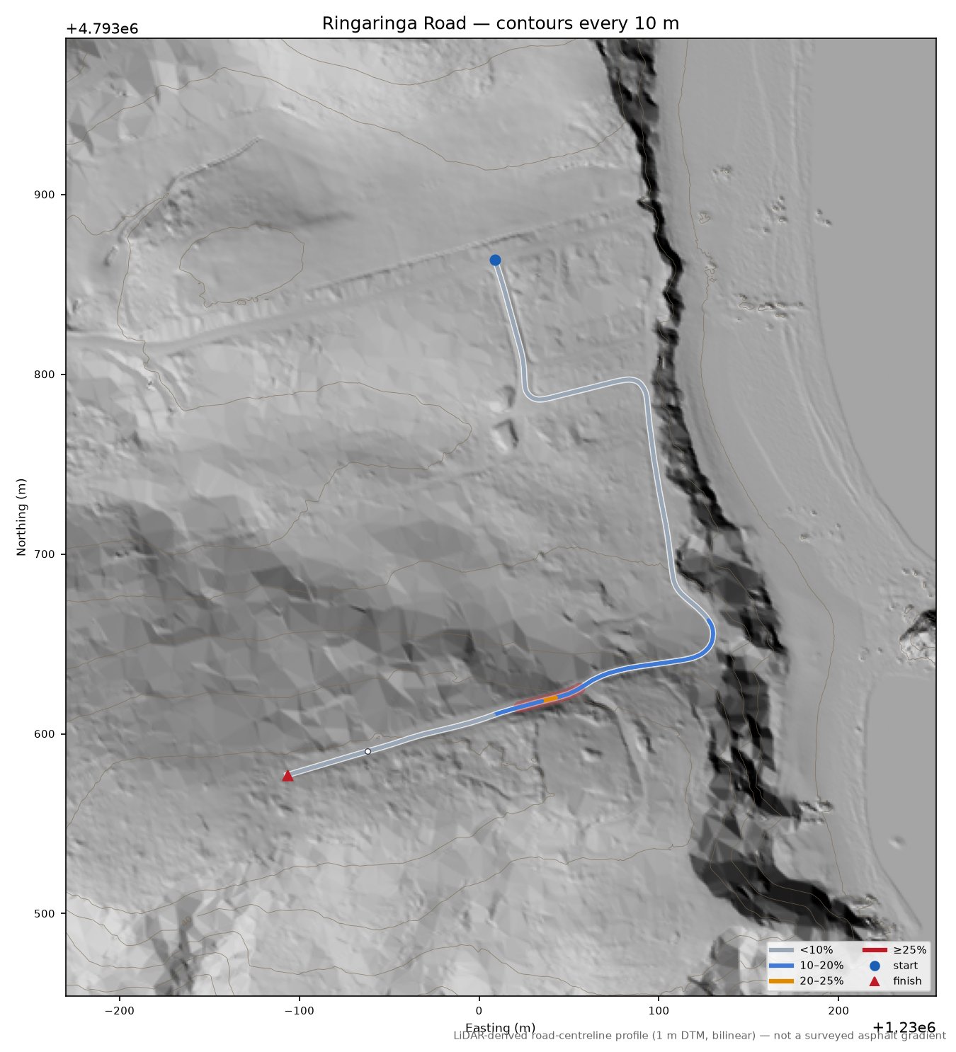 Ringaringa Road LiDAR hillshade map with contours