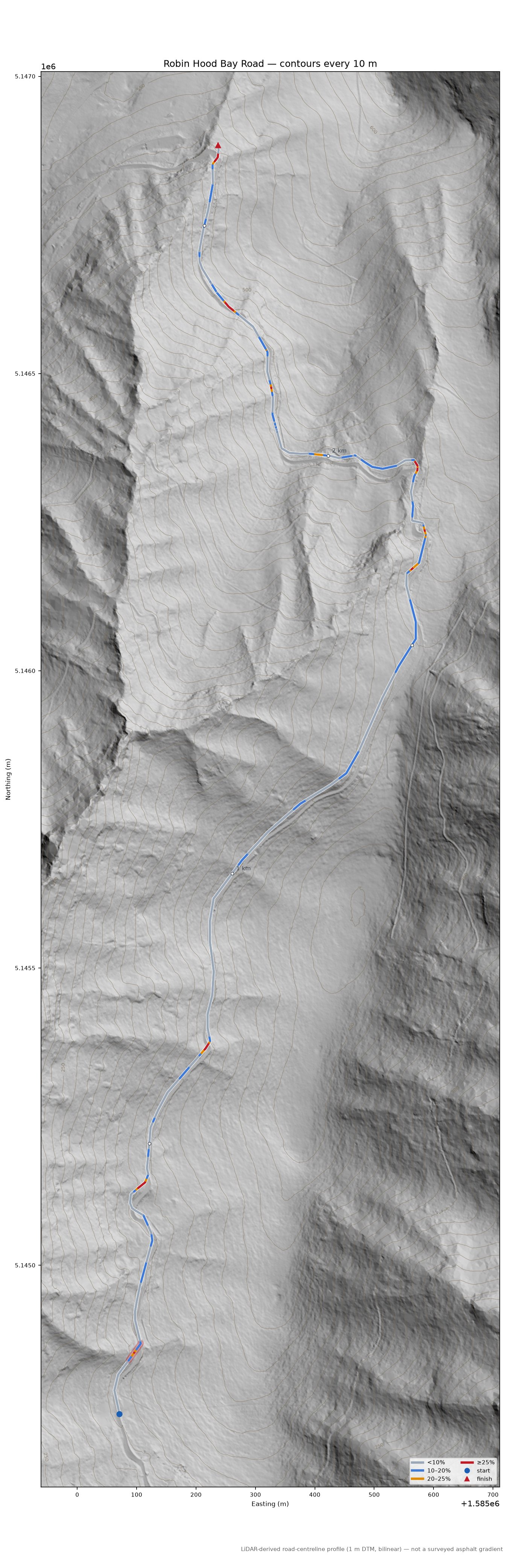 Robin Hood Bay Road LiDAR hillshade map with contours
