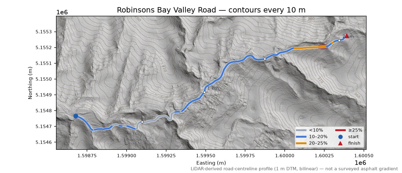 Robinsons Bay Valley Road LiDAR hillshade map with contours