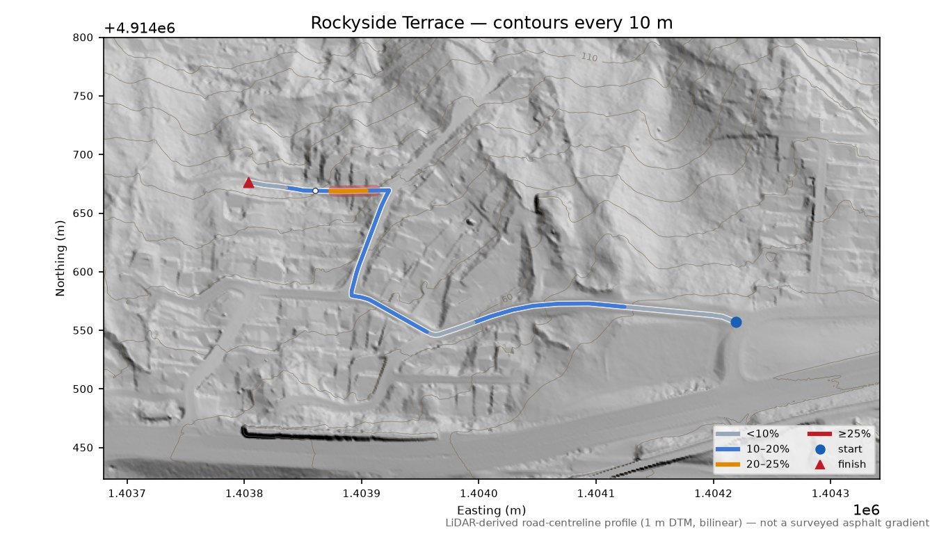 Rockyside Terrace LiDAR hillshade map with contours