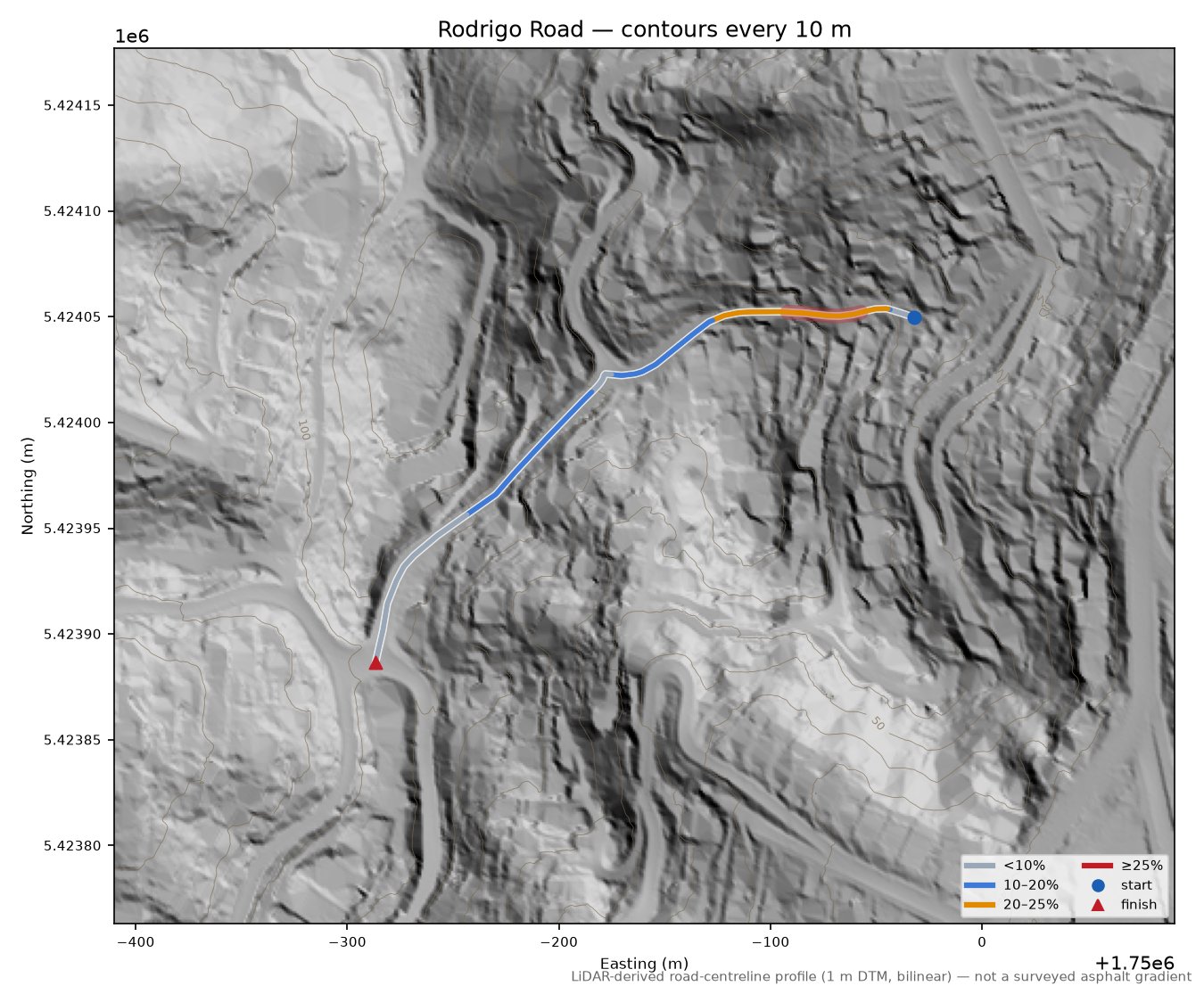Rodrigo Road LiDAR hillshade map with contours