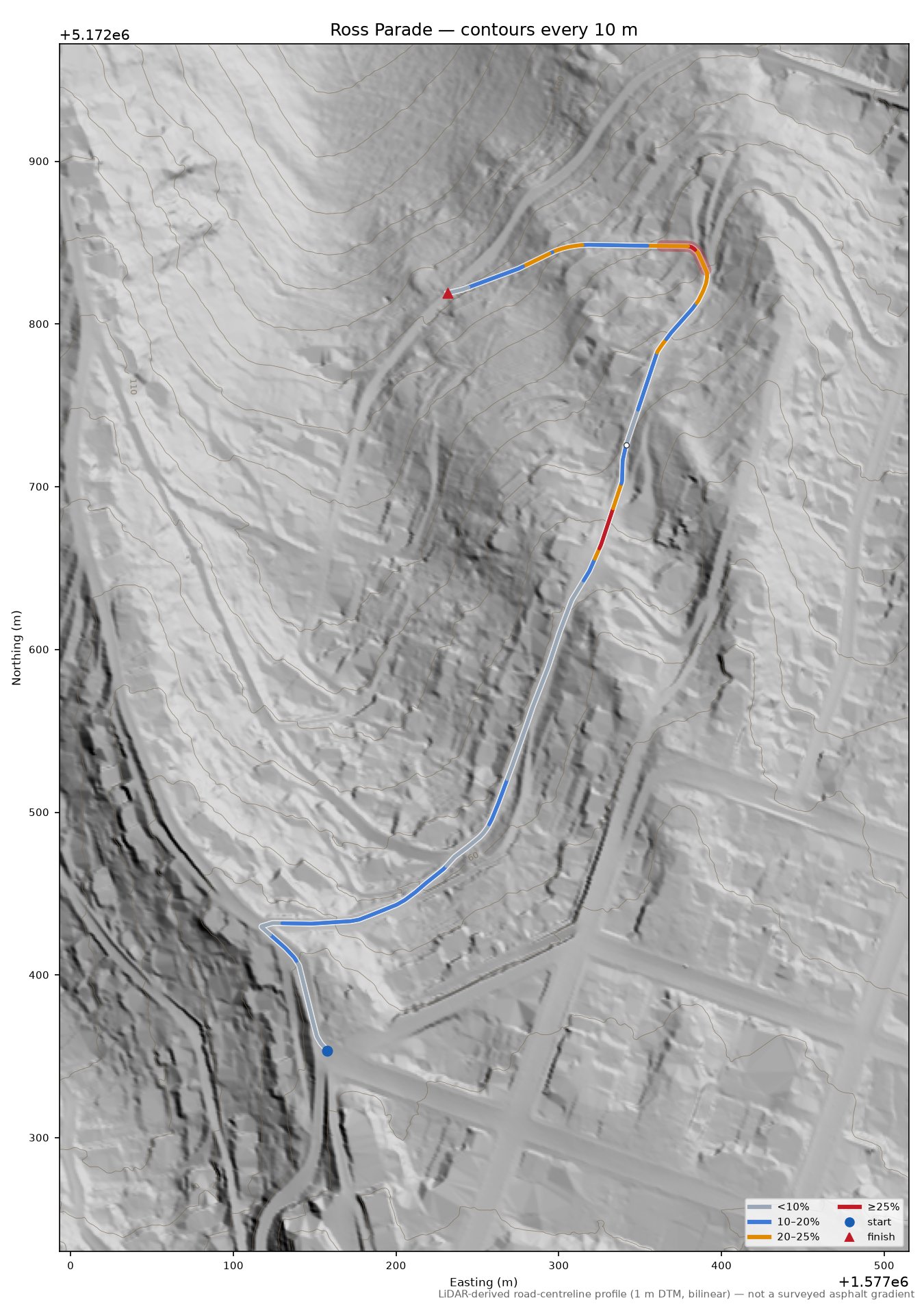 Ross Parade LiDAR hillshade map with contours