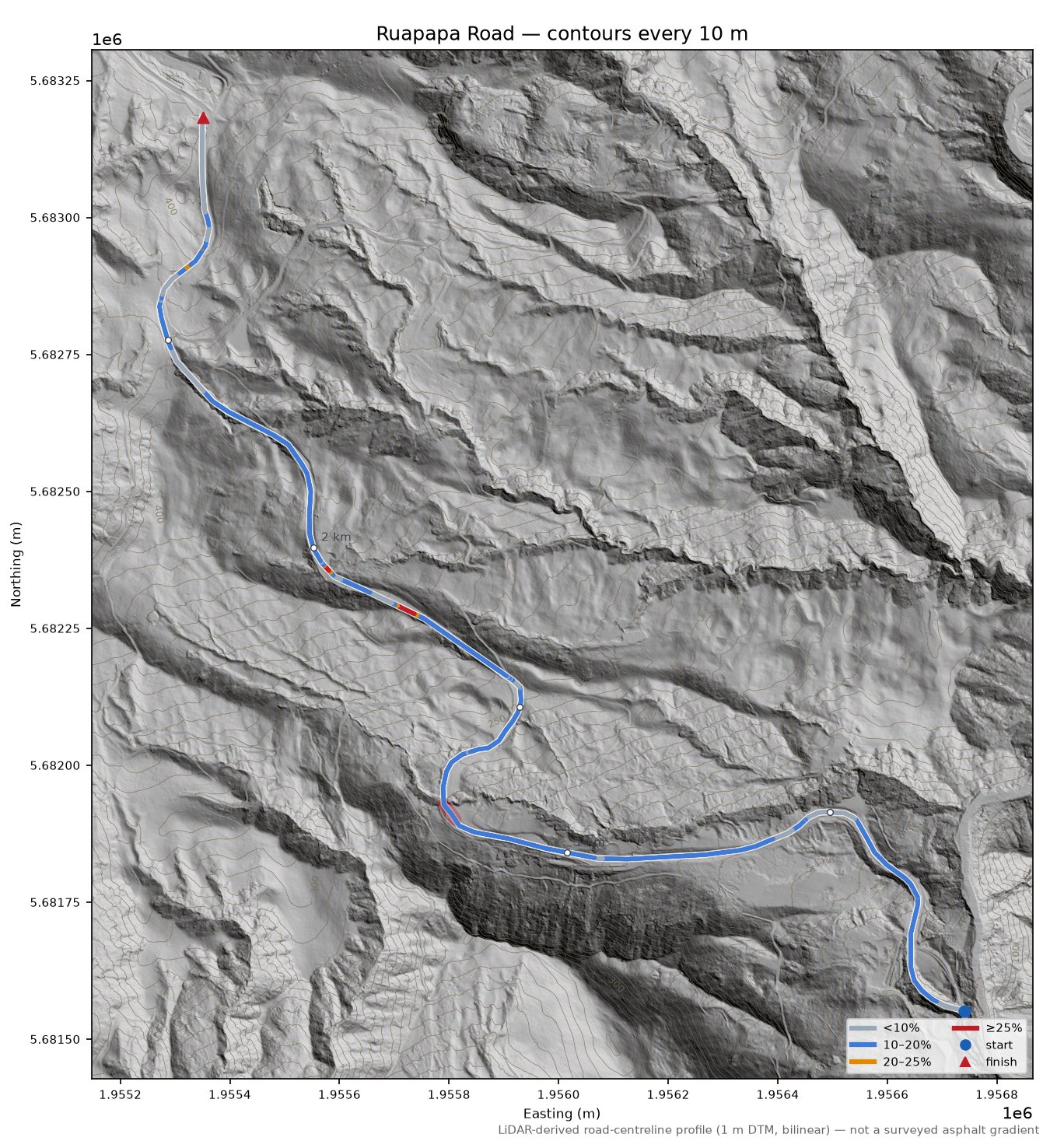 Ruapapa Road LiDAR hillshade map with contours