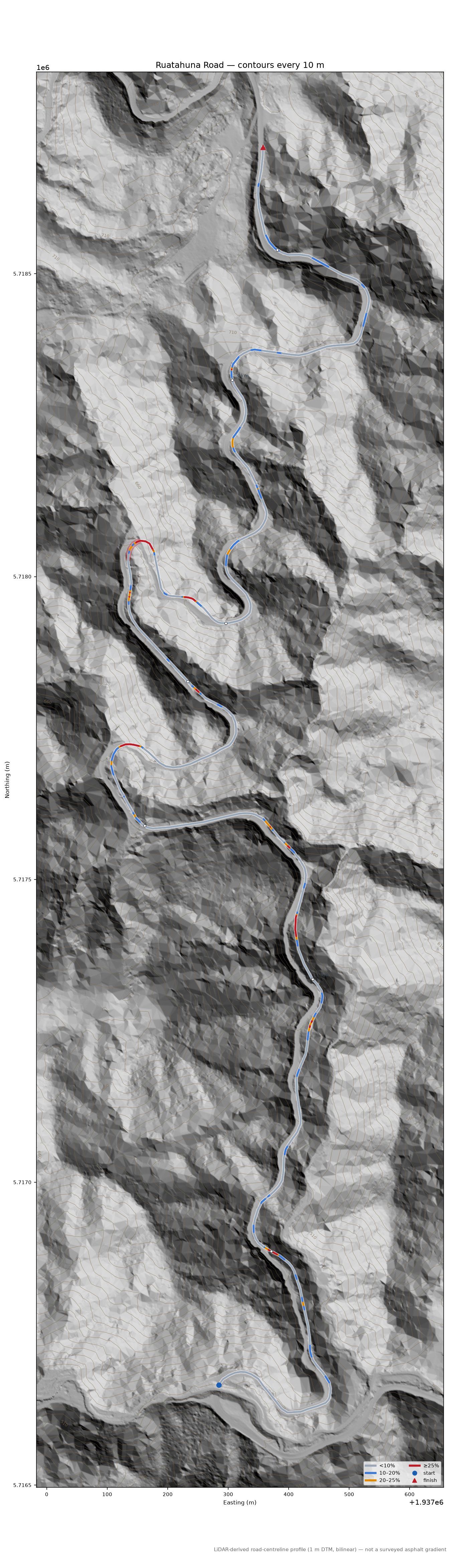 Ruatahuna Road LiDAR hillshade map with contours