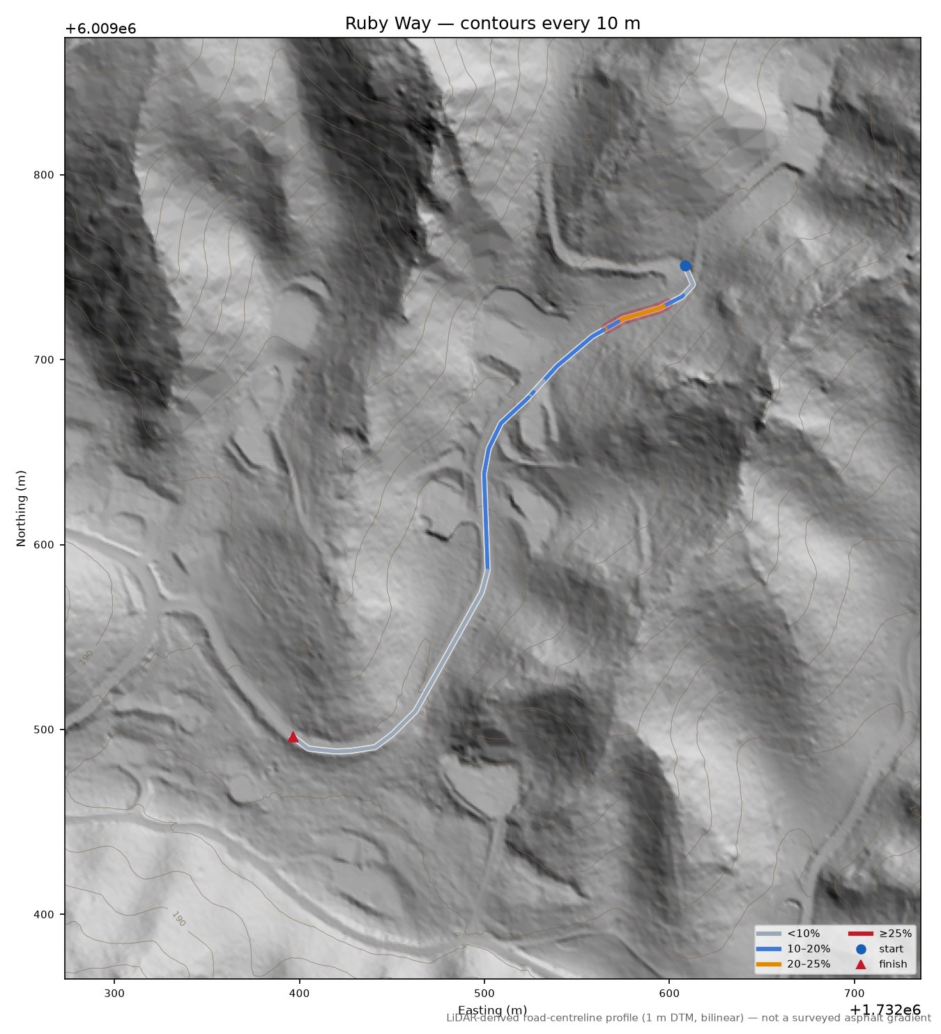 Ruby Way LiDAR hillshade map with contours