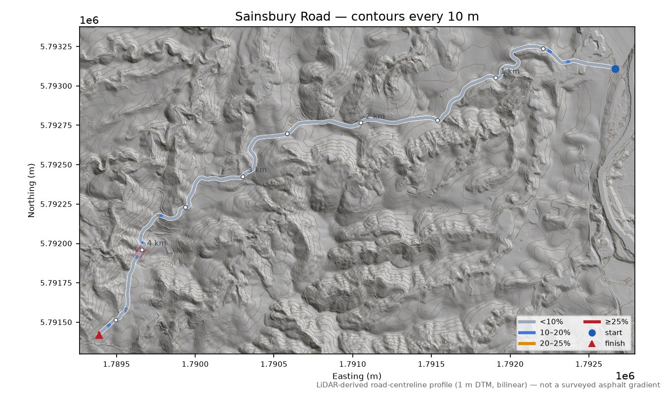 Sainsbury Road LiDAR hillshade map with contours