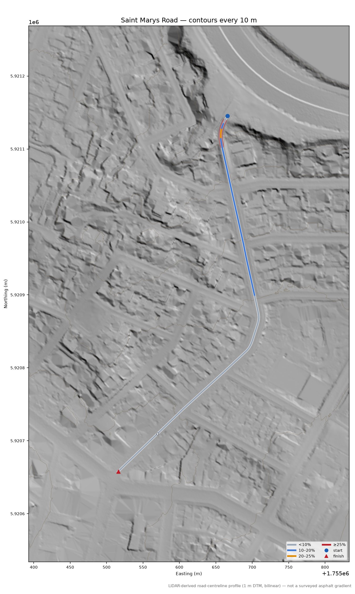 Saint Marys Road LiDAR hillshade map with contours
