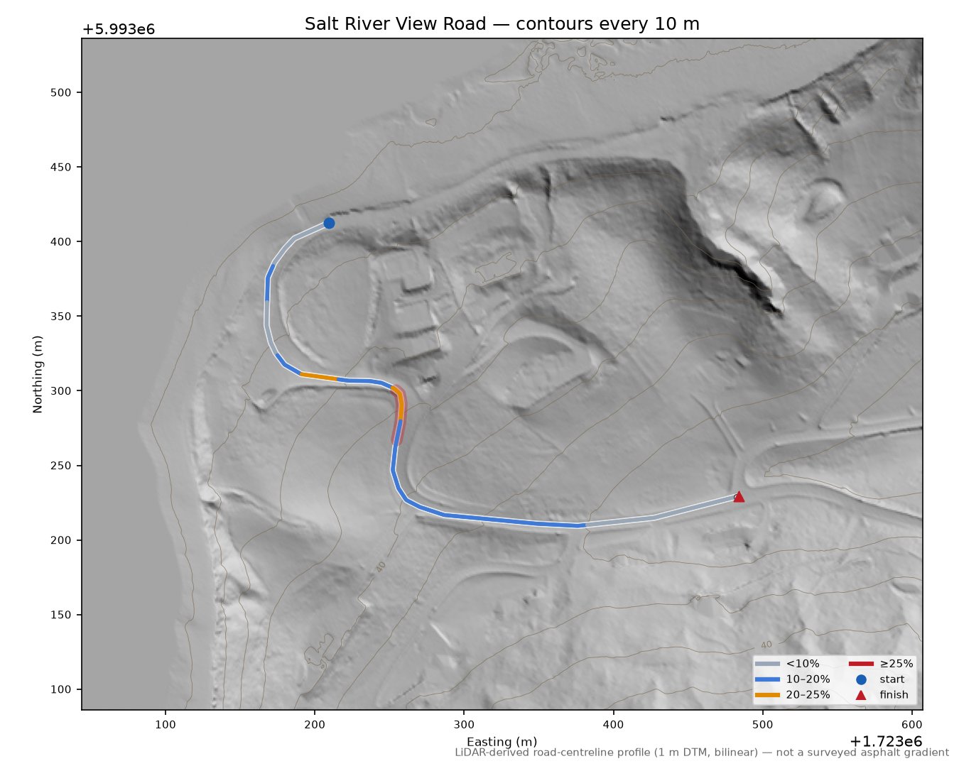 Salt River View Road LiDAR hillshade map with contours