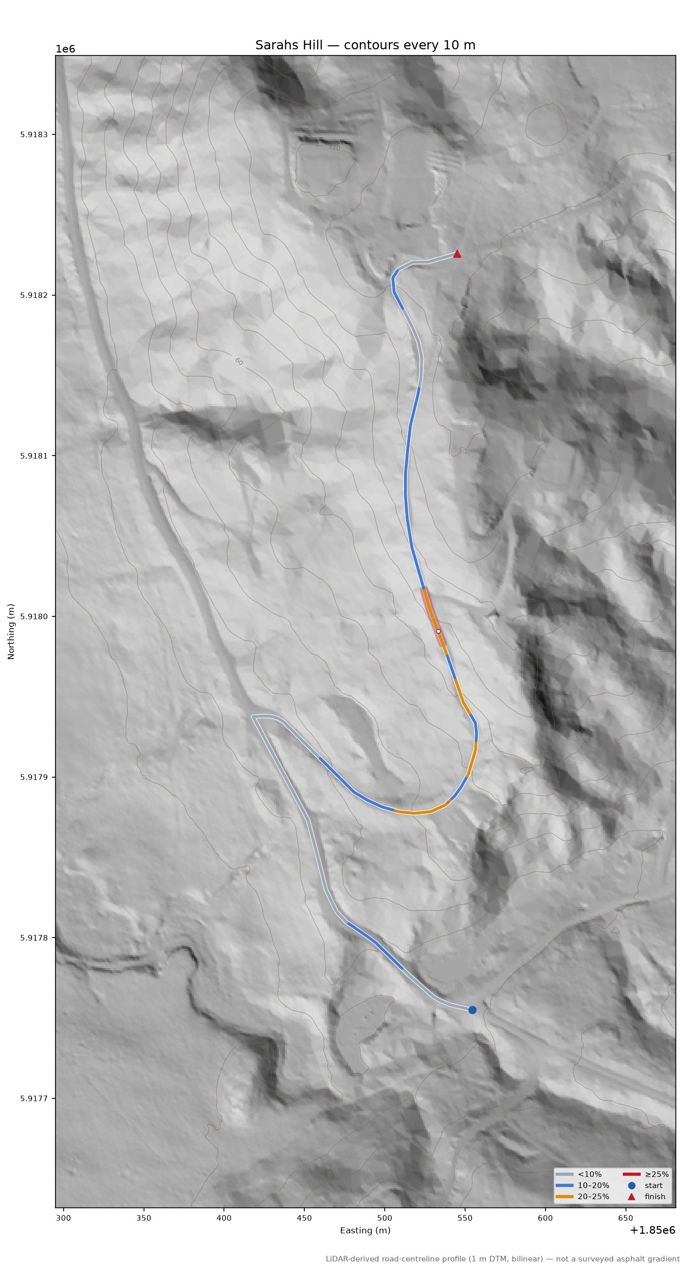 Sarahs Hill LiDAR hillshade map with contours