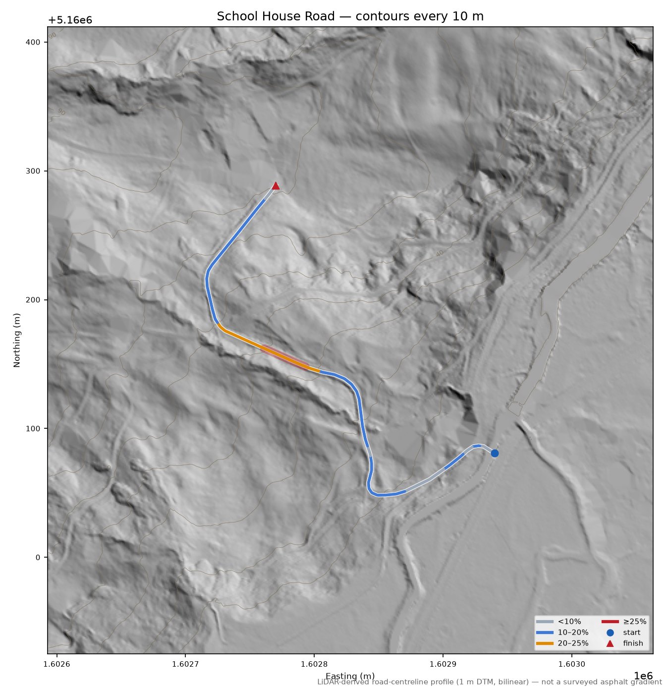School House Road LiDAR hillshade map with contours