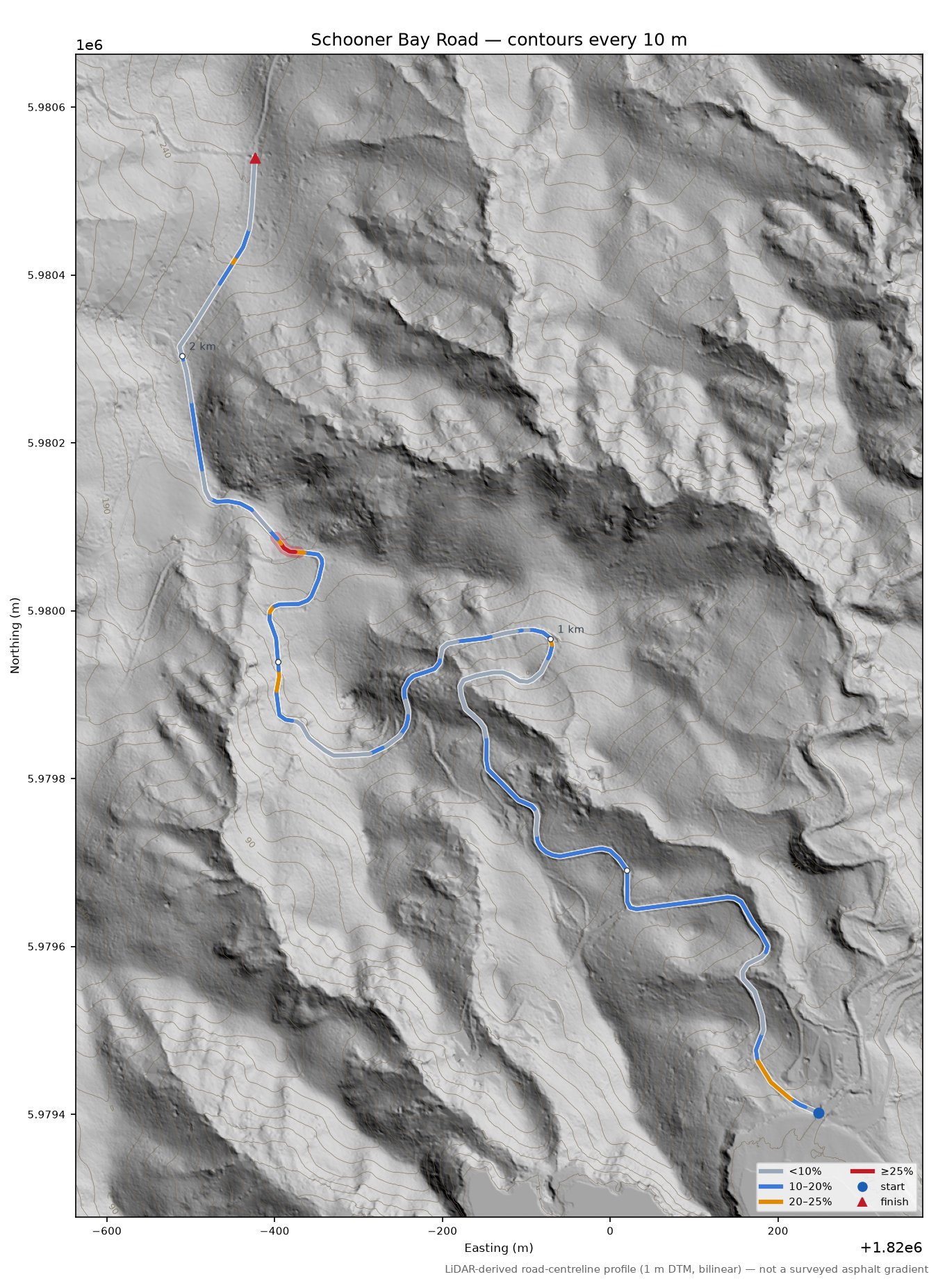 Schooner Bay Road LiDAR hillshade map with contours