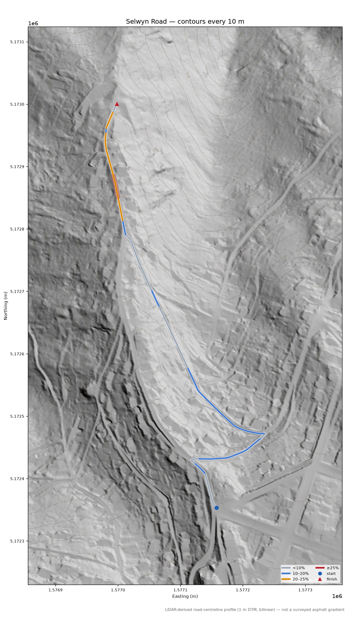 Selwyn Road LiDAR hillshade map with contours