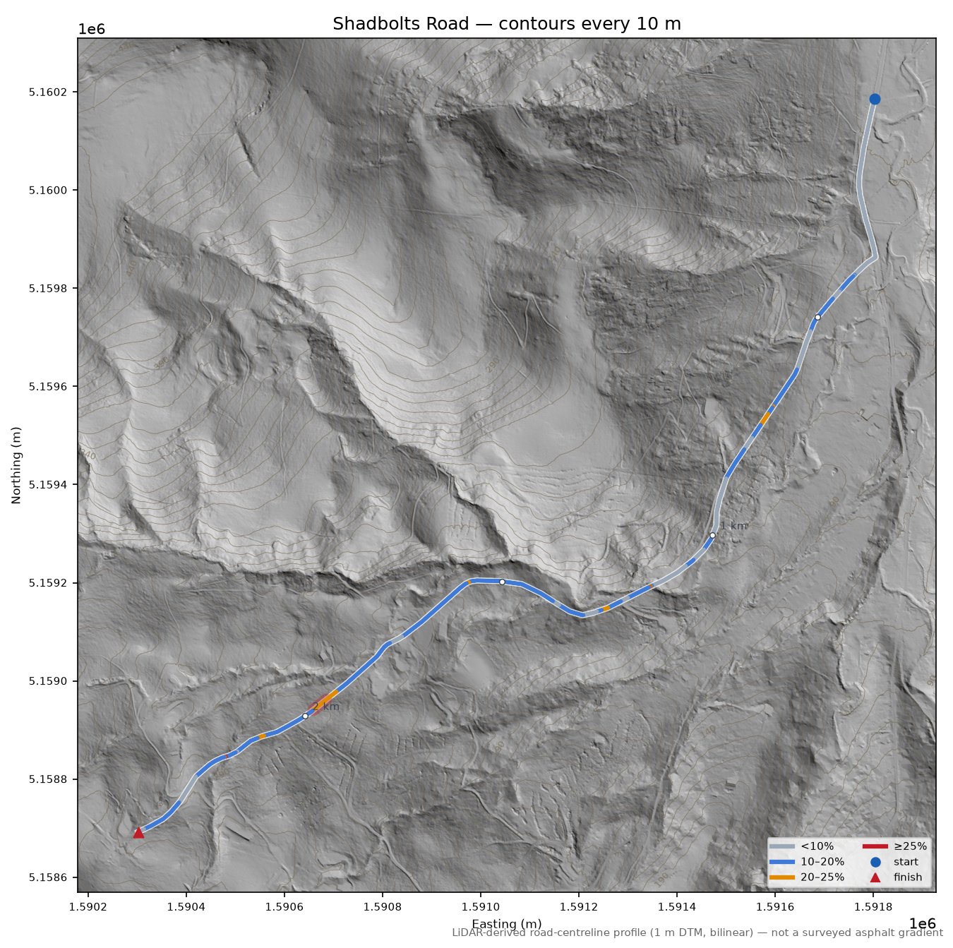 Shadbolts Road LiDAR hillshade map with contours
