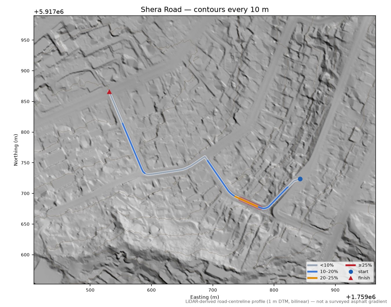 Shera Road LiDAR hillshade map with contours