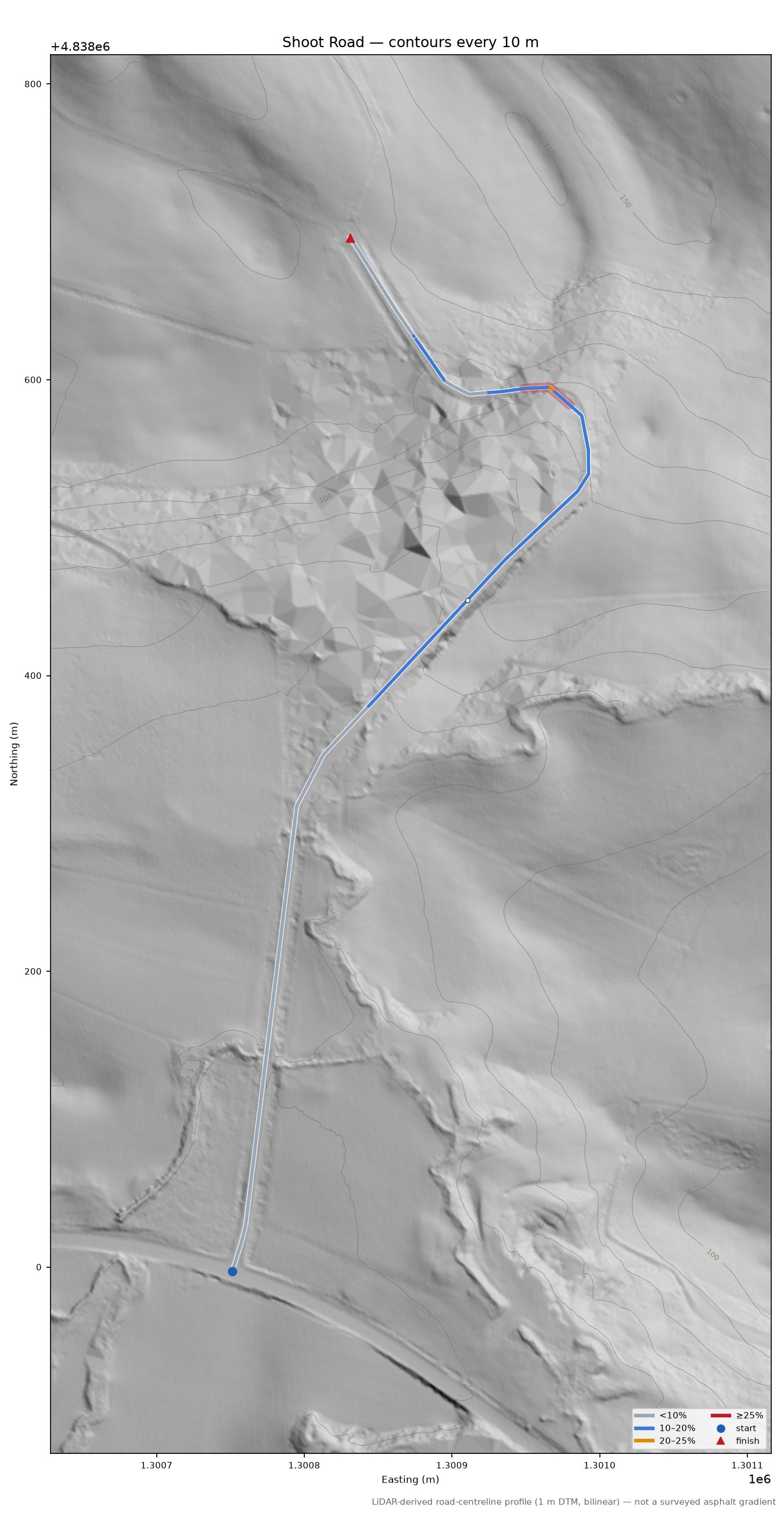 Shoot Road LiDAR hillshade map with contours