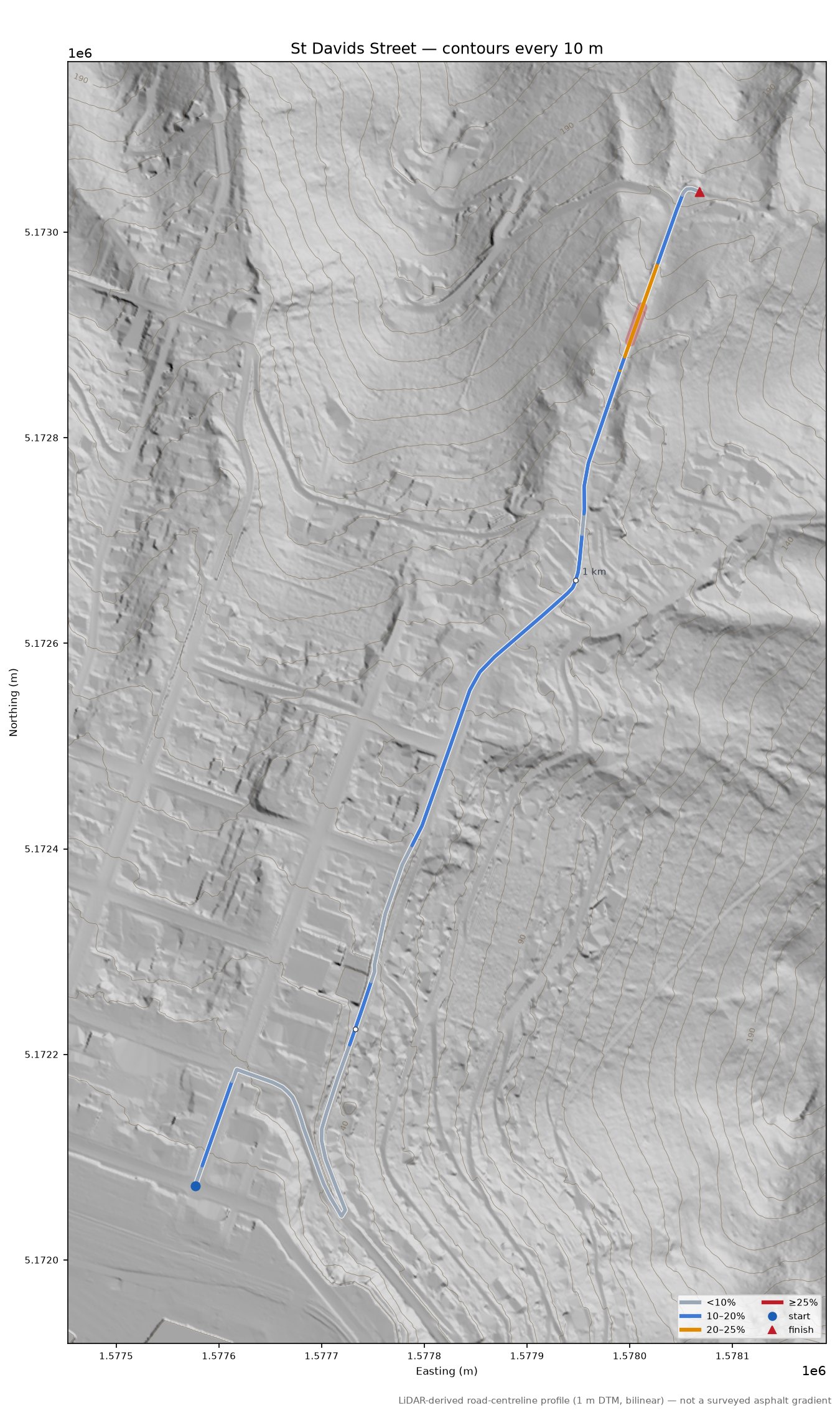 St Davids Street LiDAR hillshade map with contours