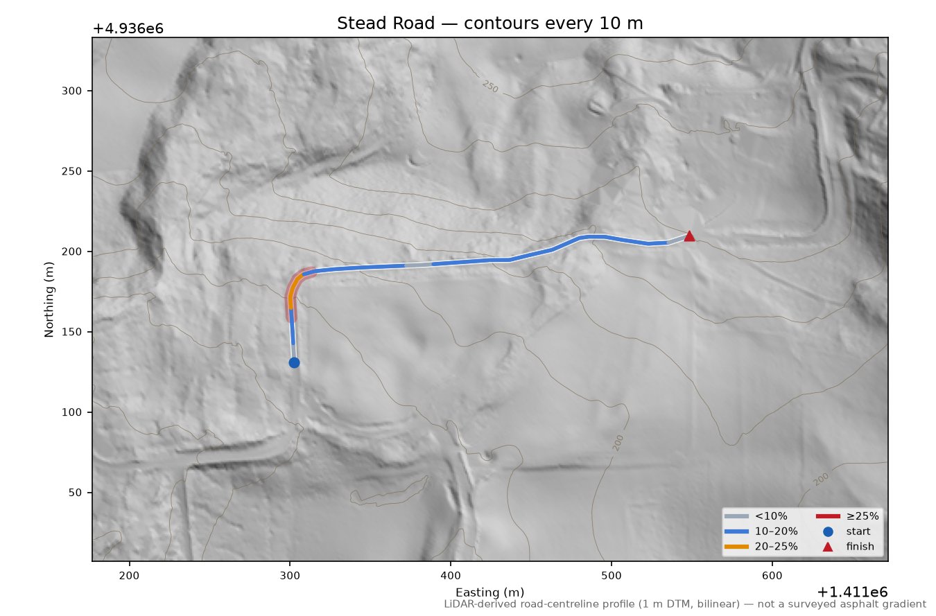 Stead Road LiDAR hillshade map with contours