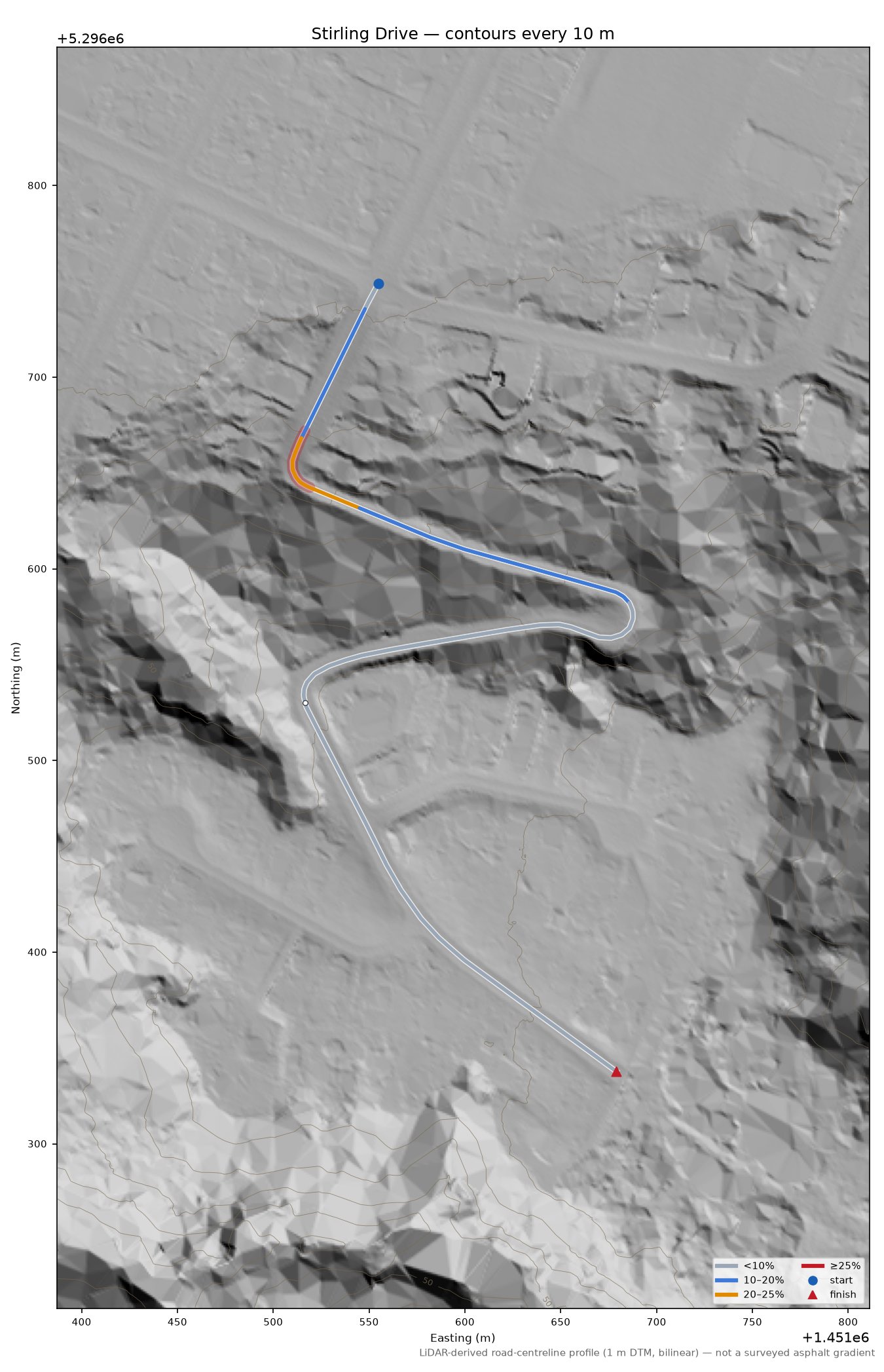 Stirling Drive LiDAR hillshade map with contours