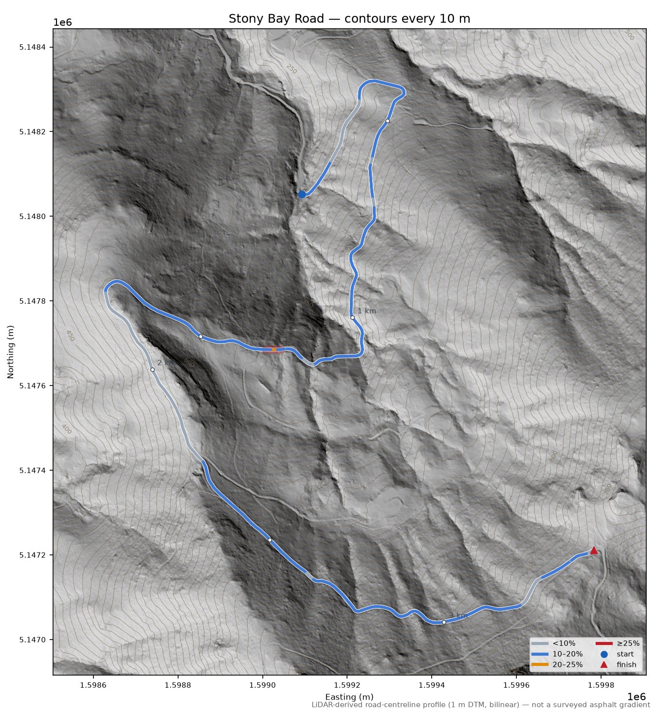 Stony Bay Road LiDAR hillshade map with contours