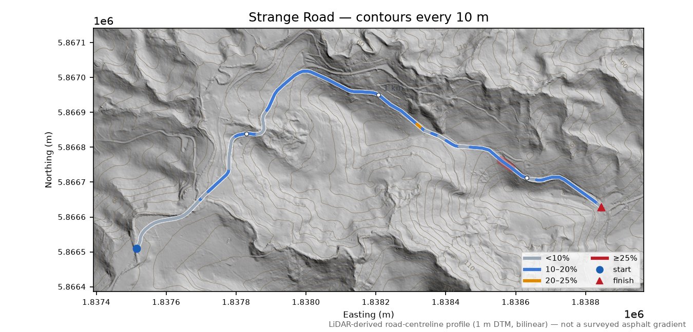 Strange Road LiDAR hillshade map with contours