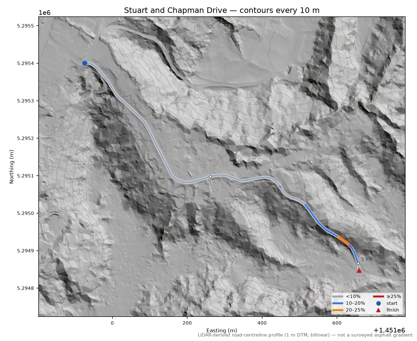 Stuart and Chapman Drive LiDAR hillshade map with contours